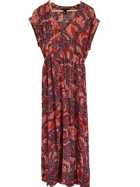 H&M Red and Burgundy Patterned V-Neck Maxi Dress